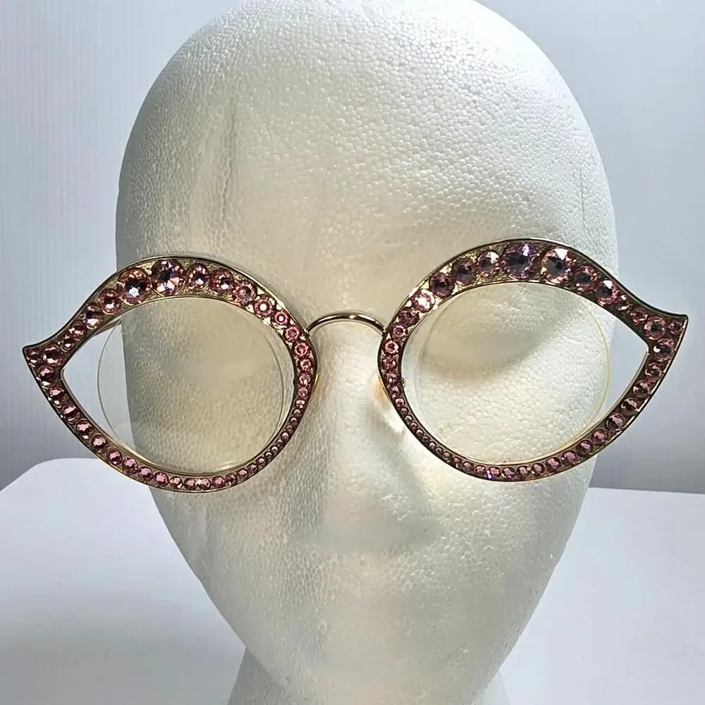 Gucci Crystal Lips Pink Rhinestone Cat Eye Sunglasses Round Lenses GS0046S